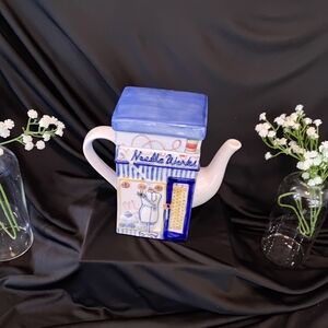 Elegant Blue and White Needlework Teapot